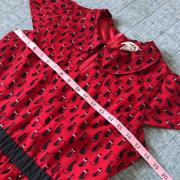 PINKY Retro KITTY CAT Print Pinup Peter Pan Neckline Mini Dress in Red | L - Picture 7 of 9